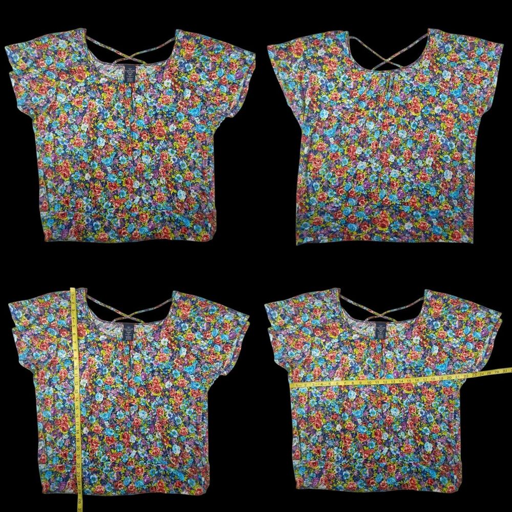 Faded Glory Womens XXL Floral Flutter Sleeve Top Strappy X-Back Boho Retro 1970s
